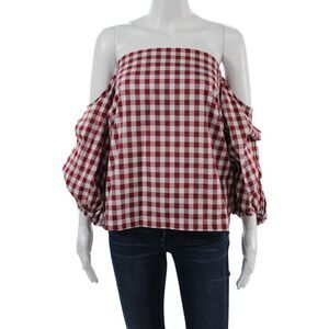 MLM Label Women Red Check Square Neck Long Sleeve Classic Blouse Size XS